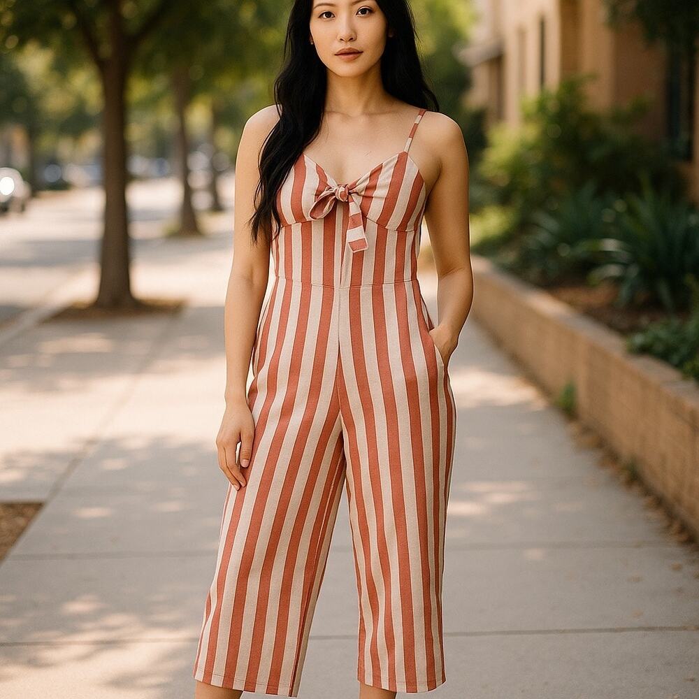 Womens Striped Cotton Linen Front Tie Jumpsuit  Medium Red White Resortwear